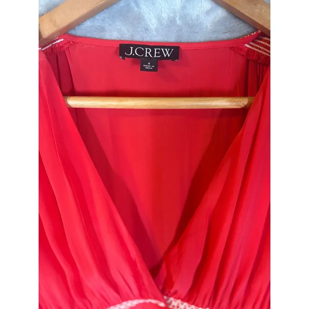 J.CREW 2025 Smocked Trim Midi Dress Crepe de Chine Red 8 M Peasant Boho Feminine